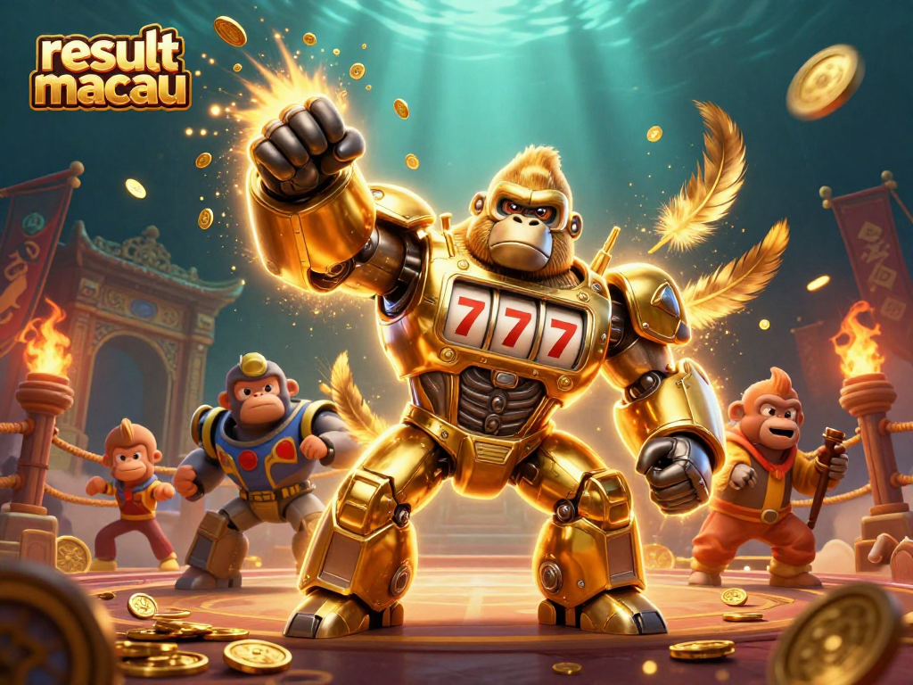 Engage with thrilling results macau in a vibrant 3D casino battle scene featuring a golden gorilla mech.