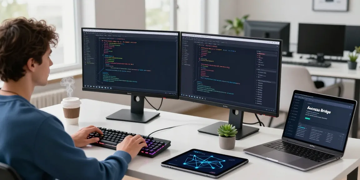 Developer showcasing acrossprotocol's analytics and bridge interface in a modern tech workspace