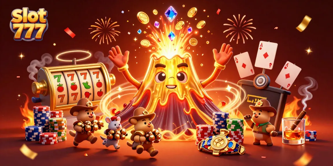 Spin the reels of slot 777 as the golden volcano erupts coins and treasures in a vibrant casino scene.