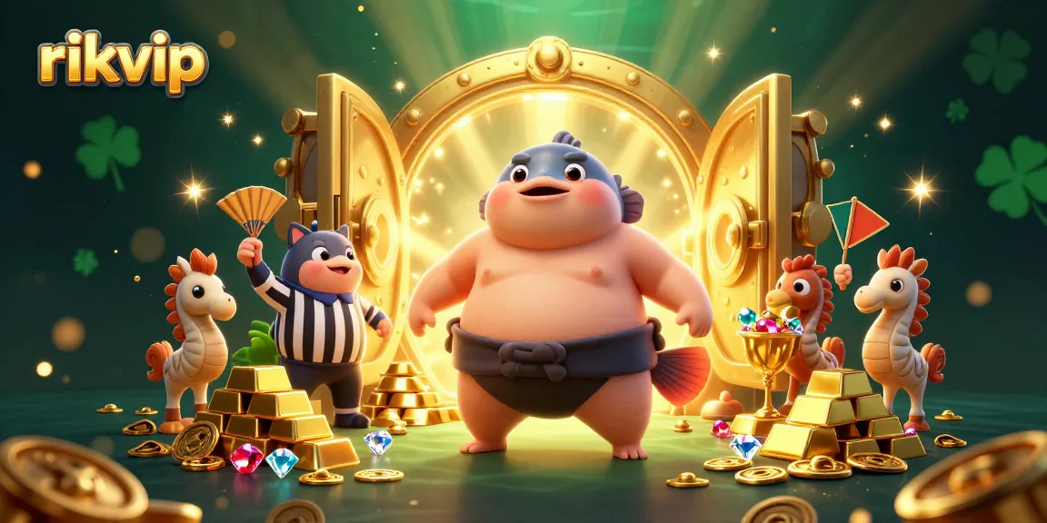 Experience the vibrant world of rikvip with a playful fugu and treasures of golden bars, gems, and excitement.