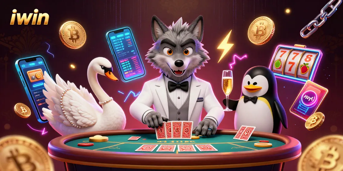 Engage in thrilling baccarat at iwin with a stylish wolf, elegant swan, and penguin sommelier.