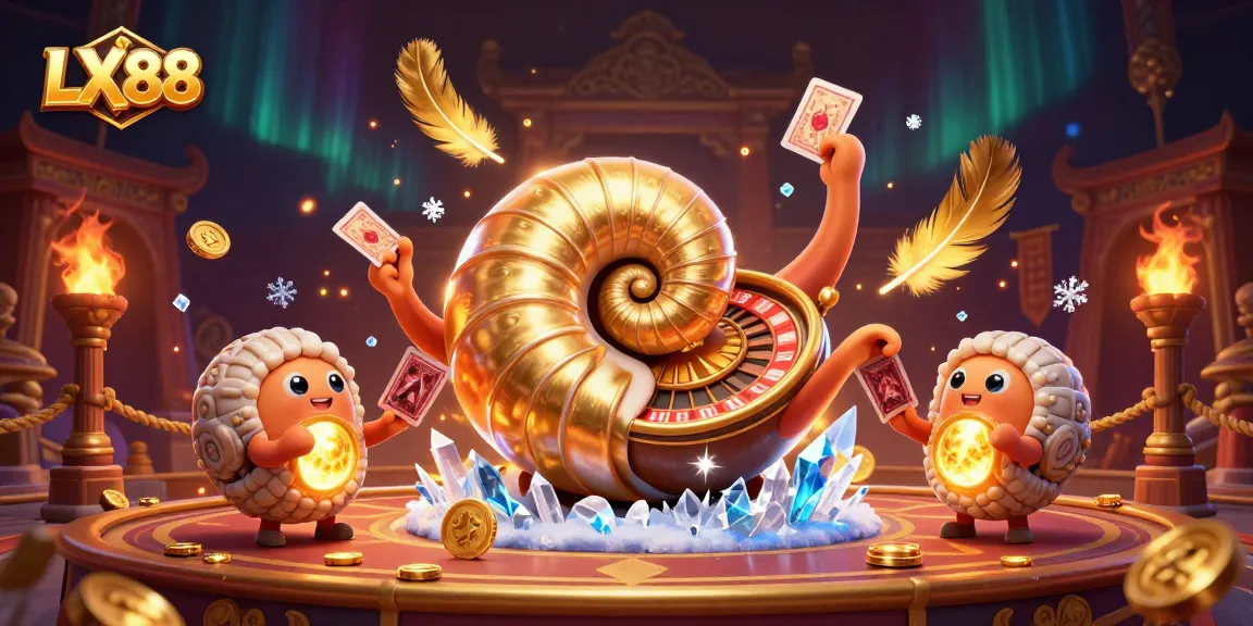 Gamble with LX88 at a vibrant casino featuring a nautilus roulette and glowing trophies