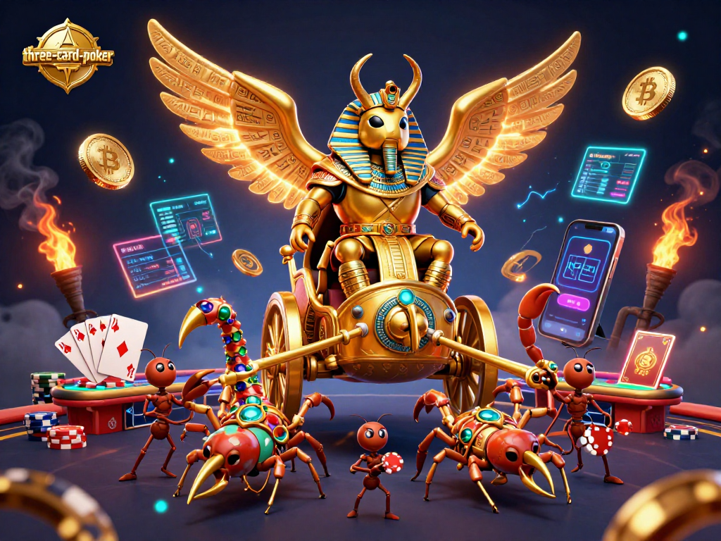 Engage in three-card-poker action with a dynamic scene featuring a golden scarab, poker chips, and crypto coins.
