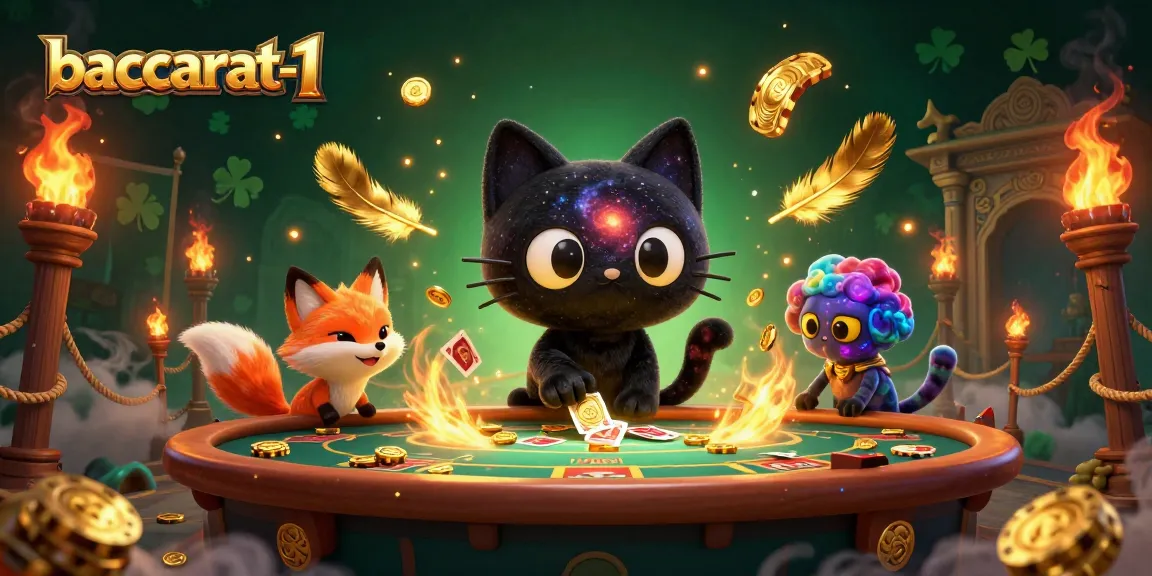 Baccarat-1 captivating illustration of a cosmic casino featuring a black hole cat and nebula fox.