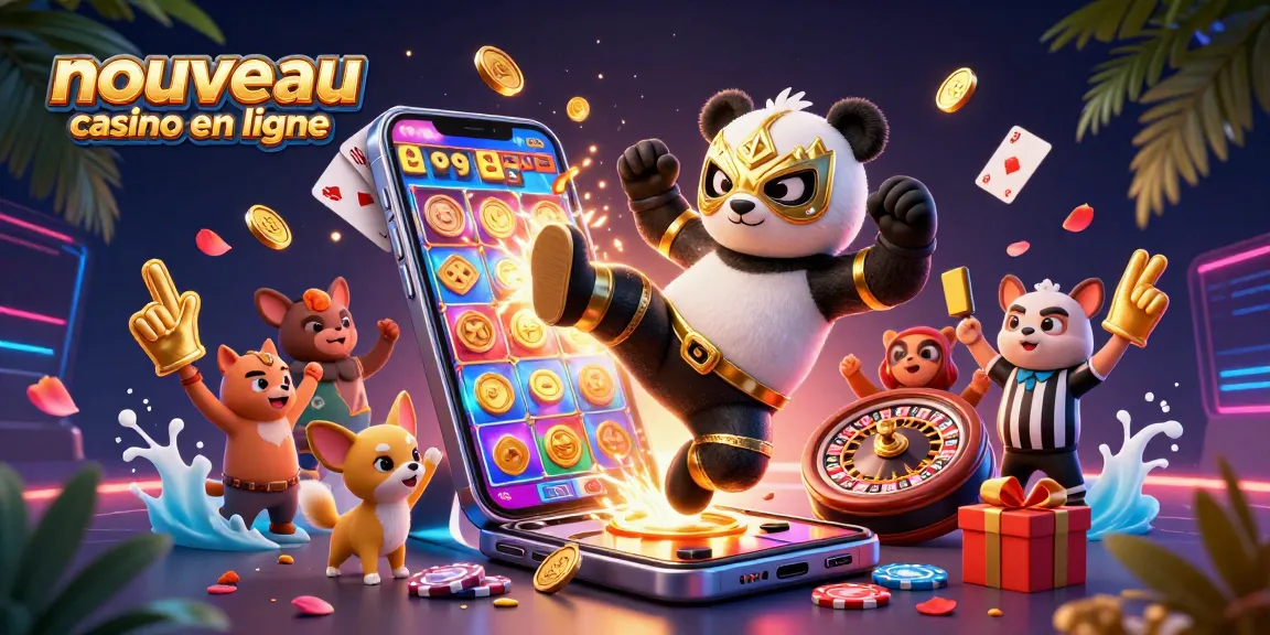 Action spectaculaire au nouveau casino en ligne avec un panda et des animaux, ambiance festive.