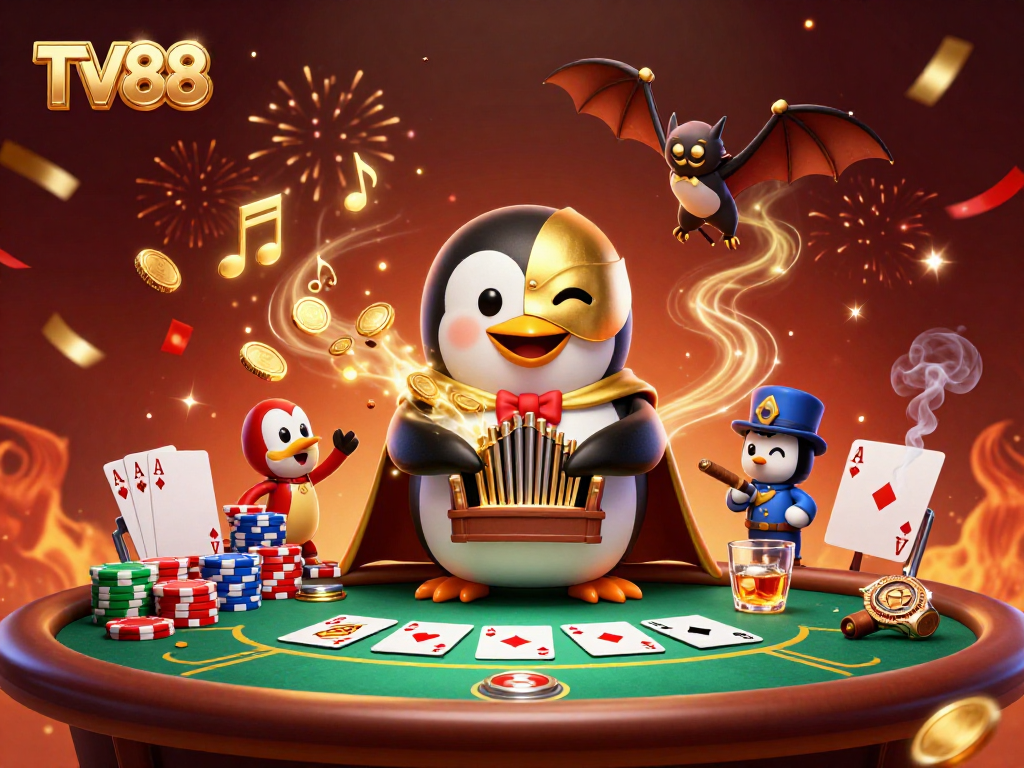 Engage in thrilling poker play at TV88 with dynamic illustrations of animated characters in a lively casino scene.