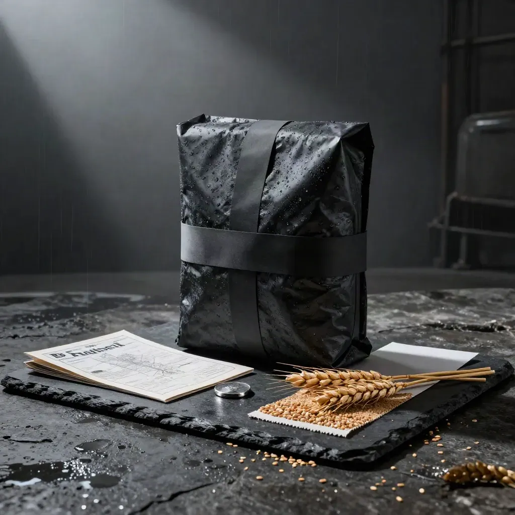 Charcoal briefing pack on slate with crop folio and grain swatch in misty dawn light.