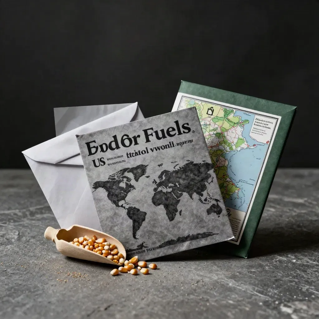Charcoal ethanol briefing pack with corn scoop and atlas on stone, lit cinematically.