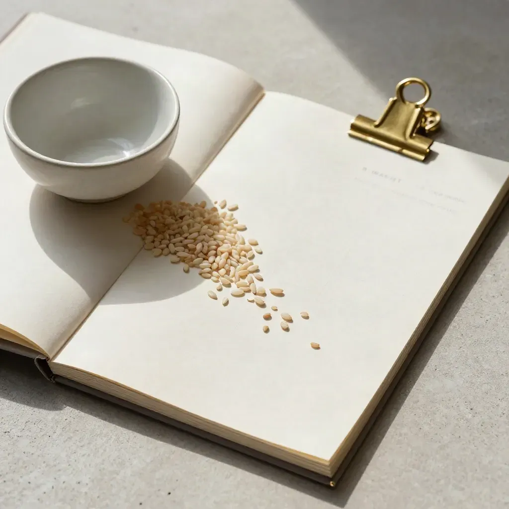 Cream market folio with rice grains, brass clip and ceramic bowl on pale concrete, overhead