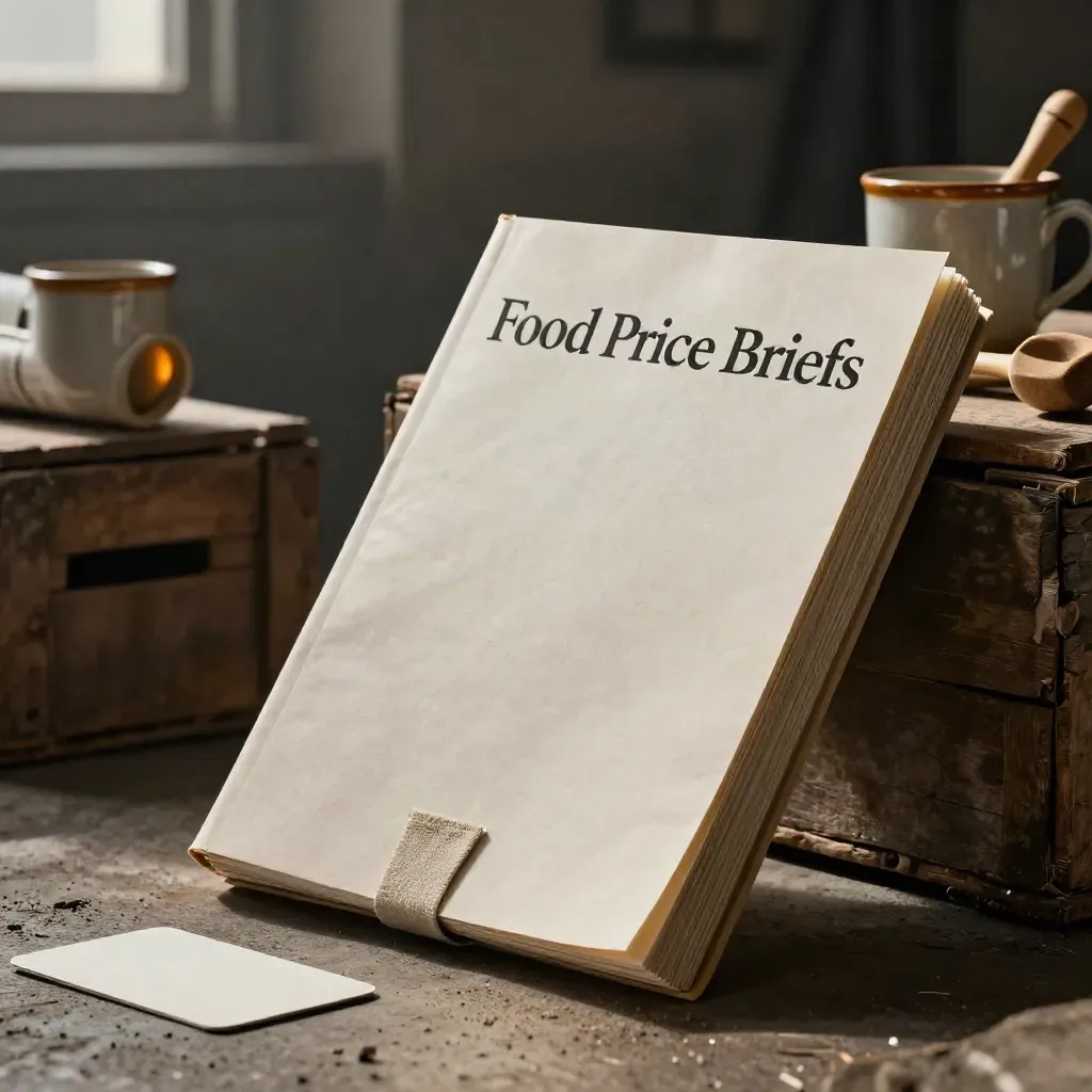 Bundle of briefing folios, chart tube, stoneware cup and grain scoop on a market crate.