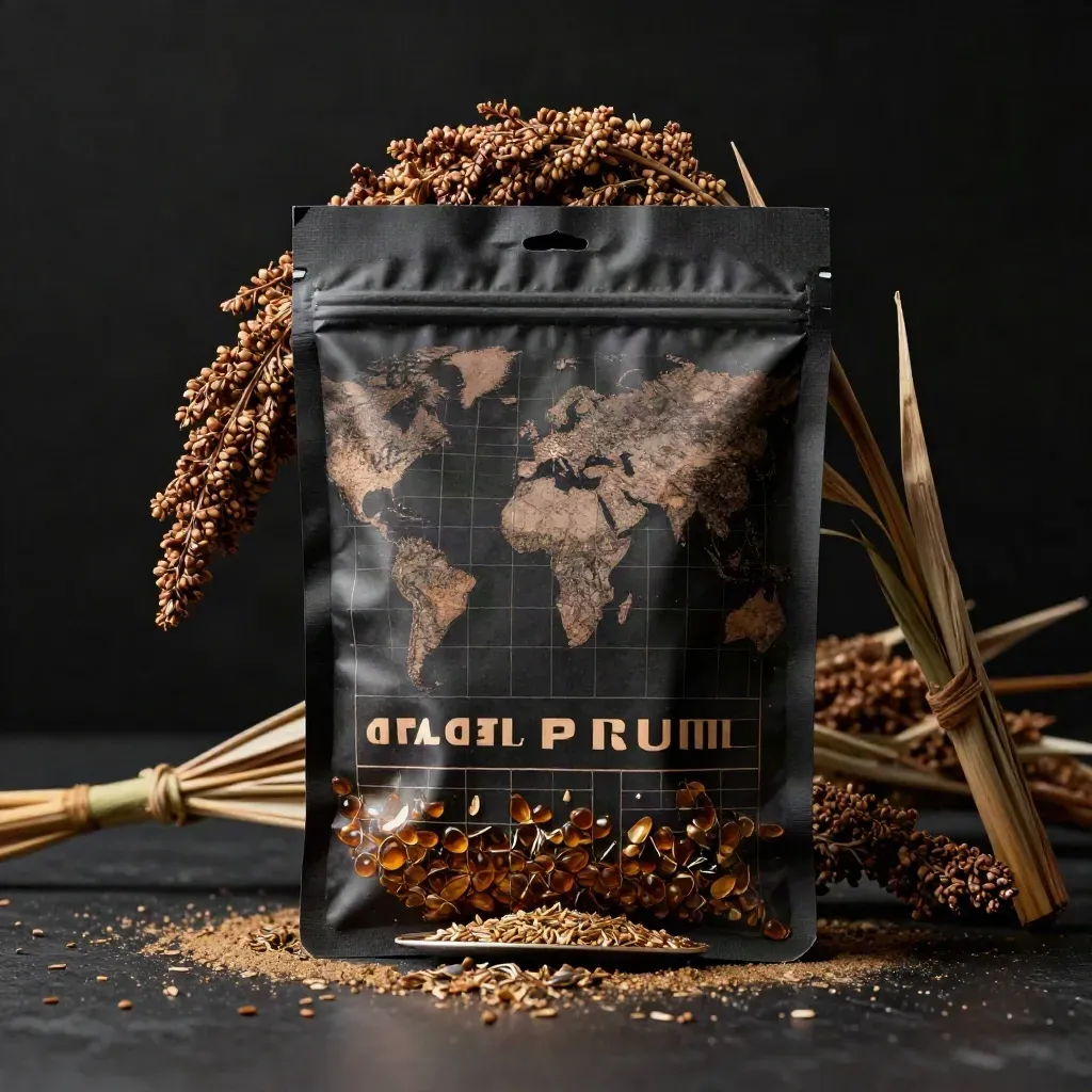 Dark crop fuel map packet with dried stalks and seeds on a black surface.