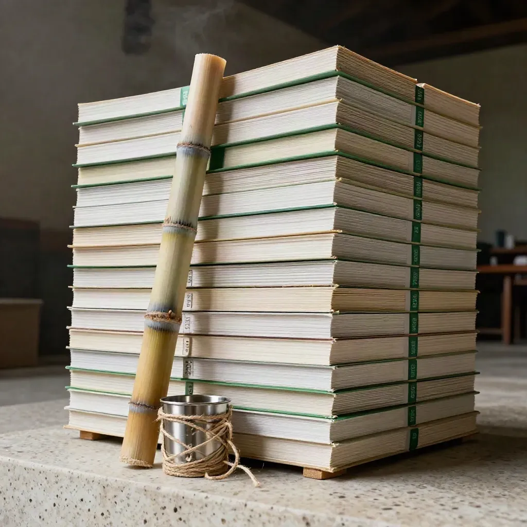 Sugarcane report stack on travertine with cane segment, steel cup, twine, and steam haze.