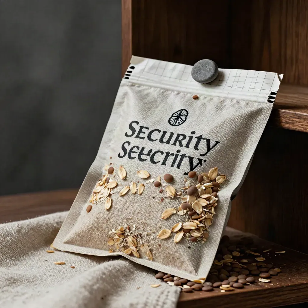 Linen-draped food security packet with lentils and a small stone, in low moody light.
