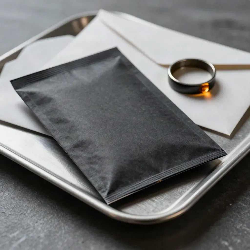 Macro of a charcoal briefing packet beside a turbine ring and brushed aluminum tray