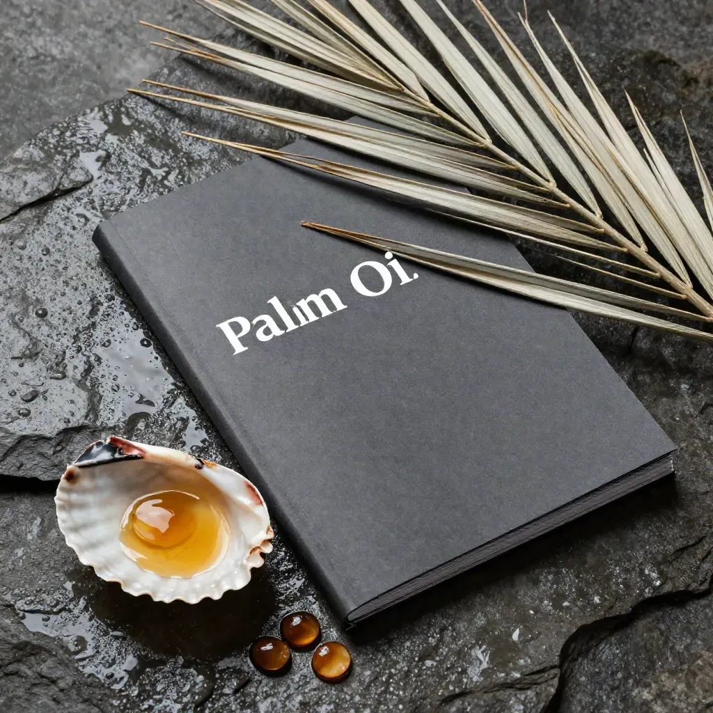 Overhead palm oil trade folio on wet stone with frond skeleton, shell dish and wax paper