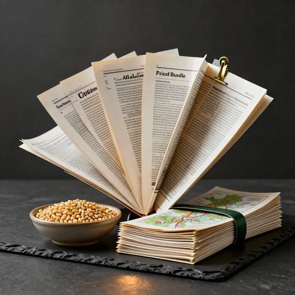 Four report folios, brass clip and kernels on a dark slate surface with green accent