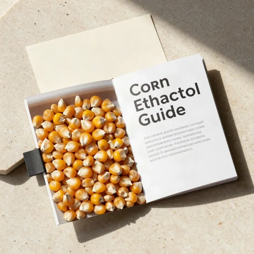 Overhead flatlay of an open corn ethanol guide, kernels, insert, clip on pale stone