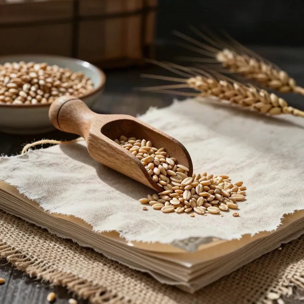Macro of an unbranded wheat folio with grain scoop, wheat bowl, and torn linen edge in raking light
