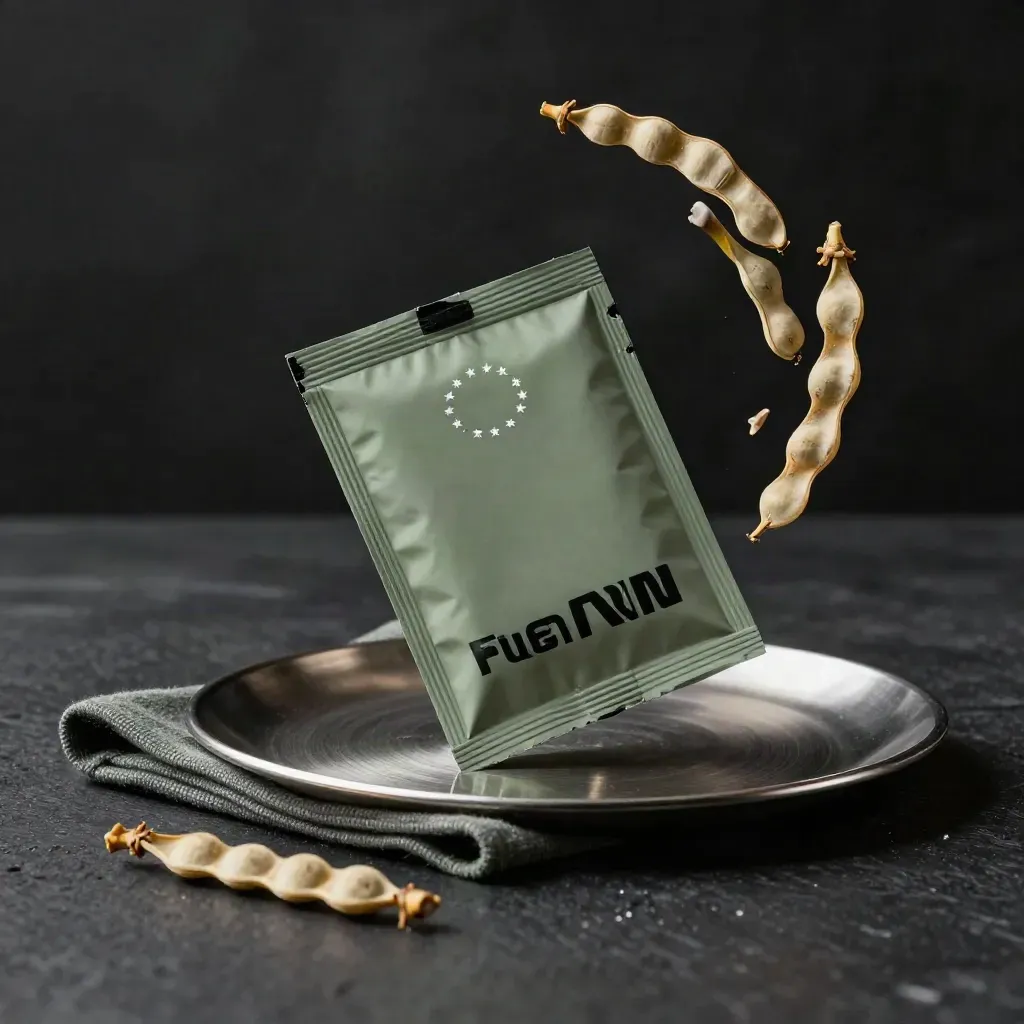 Matte paper EU fuel brief beside rapeseed pods, steel plate, and dark green cloth on a black studio surface