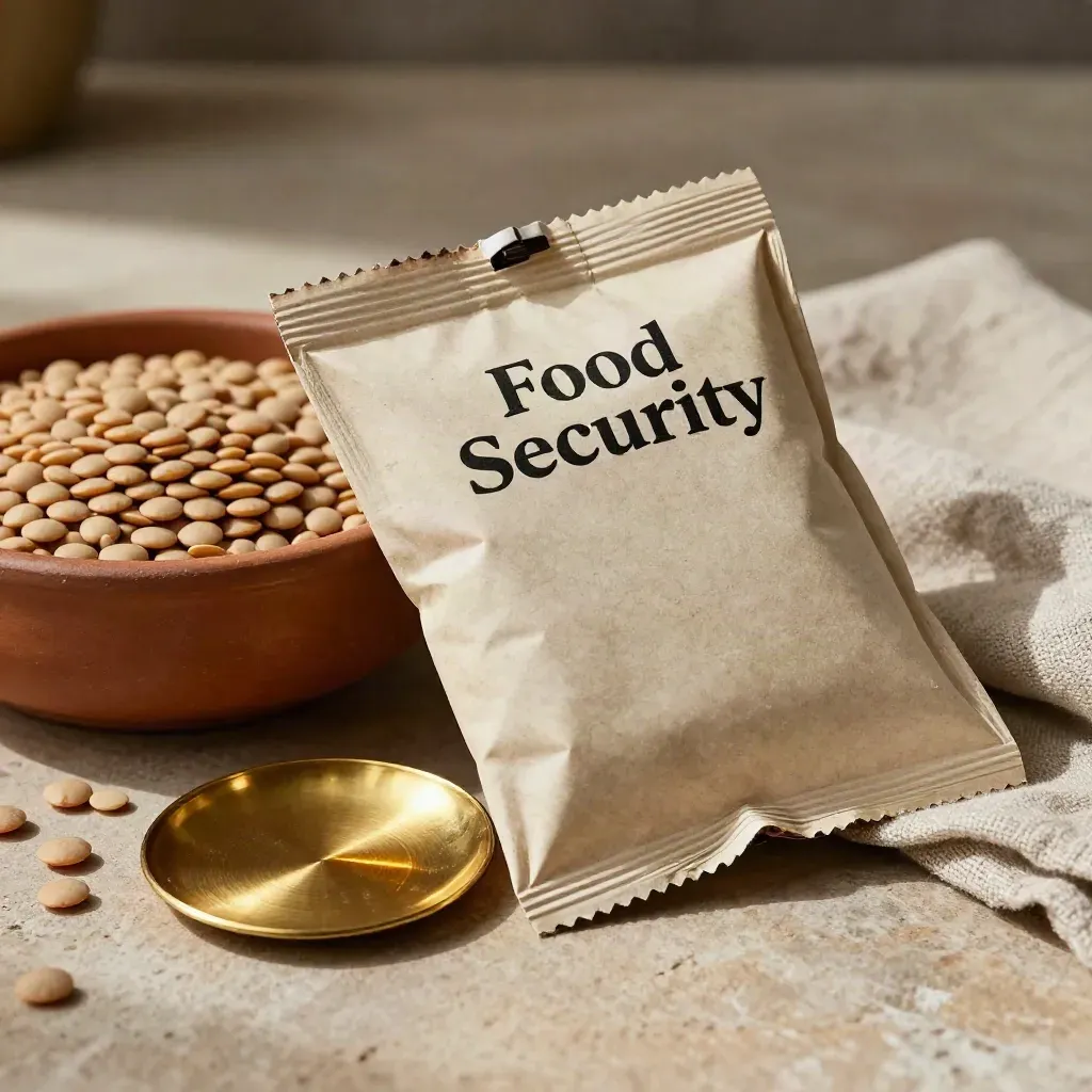 Packet with lentils, brass disc, and folded cloth on stone in warm editorial light.