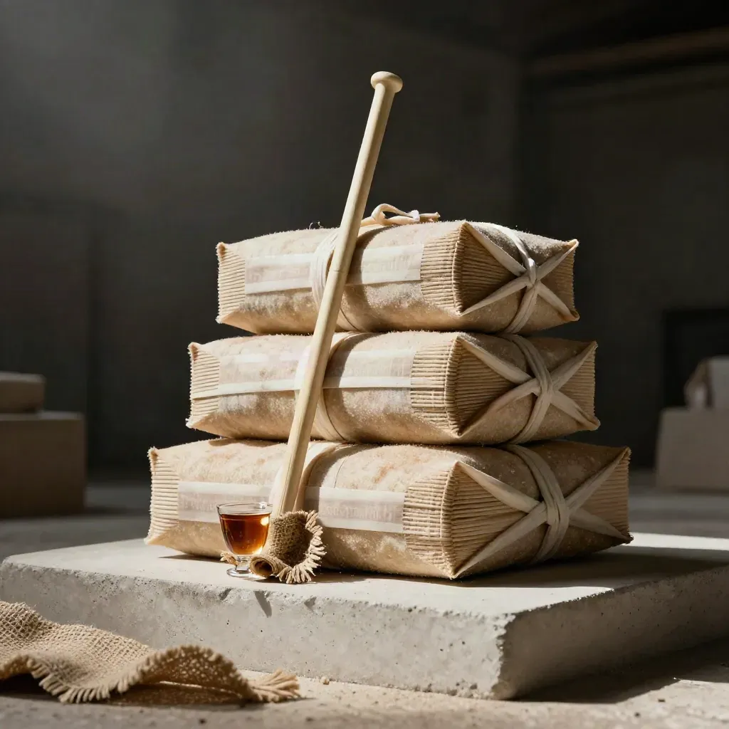 Three dark card-wrapped sugar briefs stacked with cane, burlap and a glazed cup in a moody mill setting.