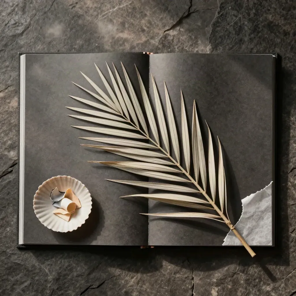 Overhead palm oil risk file with frond skeleton, shell dish, waxed paper on dark stone.