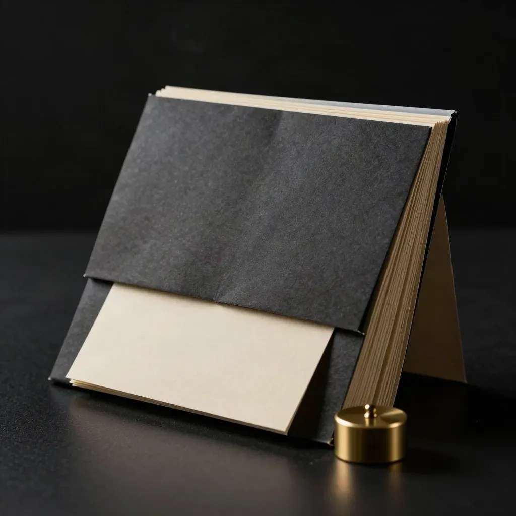 Dark paper policy briefing pack with brass paperweight on a black studio surface
