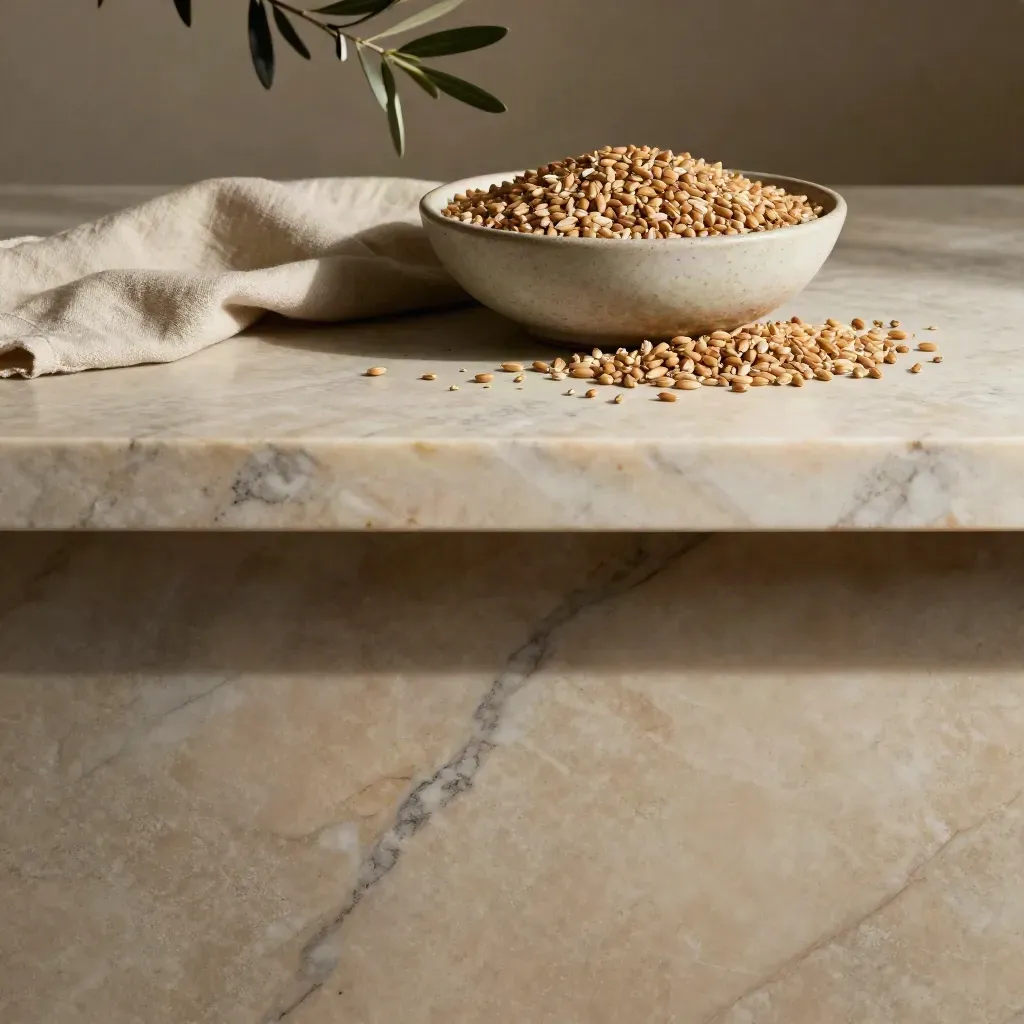 Marble counter with grain bowl, linen runner, and olive branch in warm afternoon light