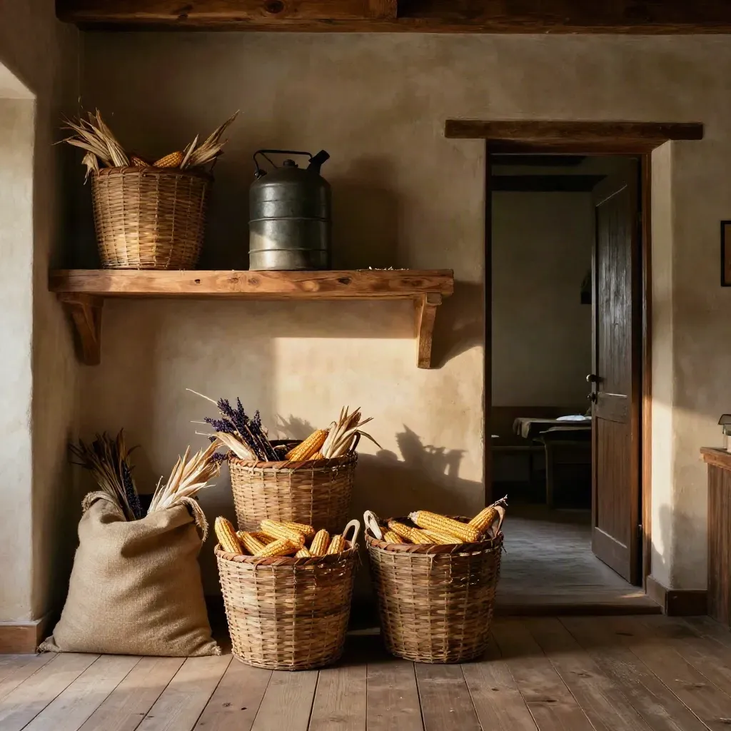 Warm timber interior with baskets, grain, and a fuel can silhouette by a lit doorway.