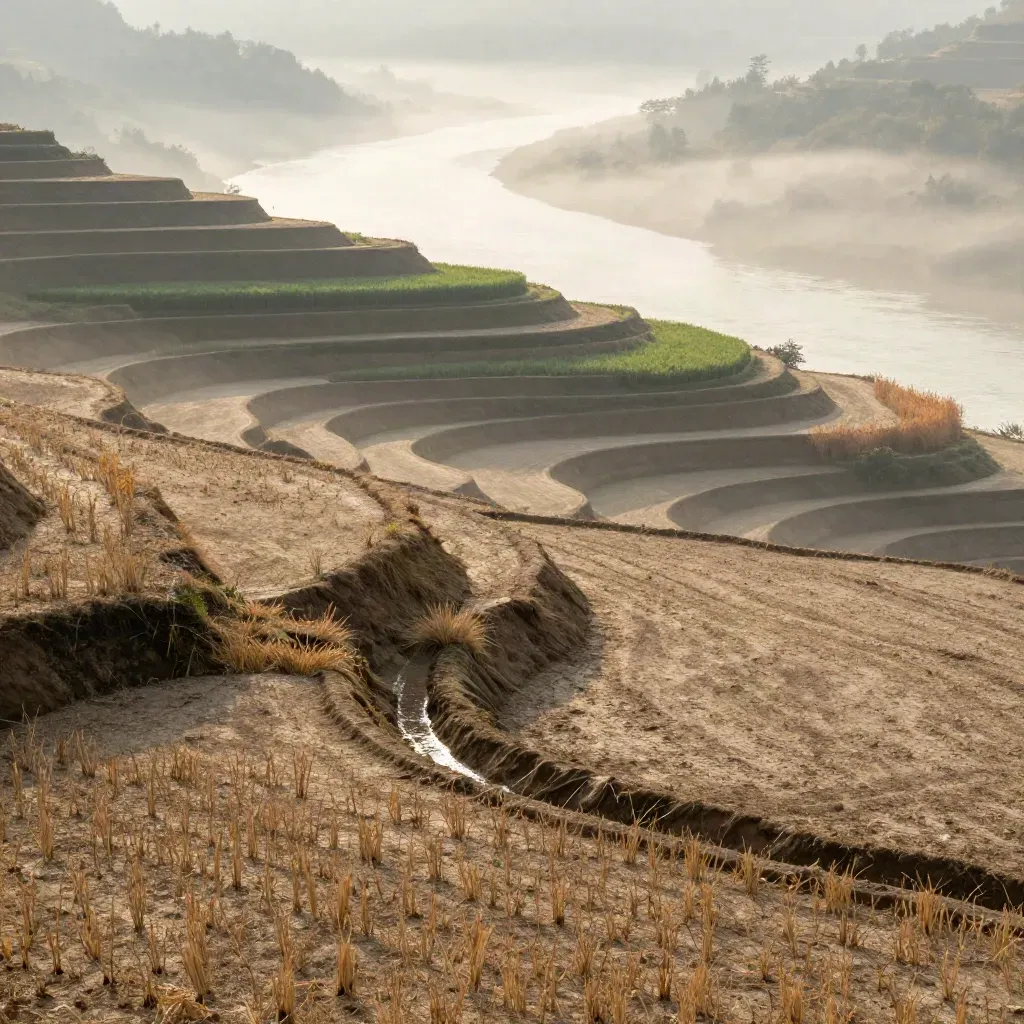 Terraced field at dawn with cut stalks, irrigation ditch, and river mist over a calm open foreground.