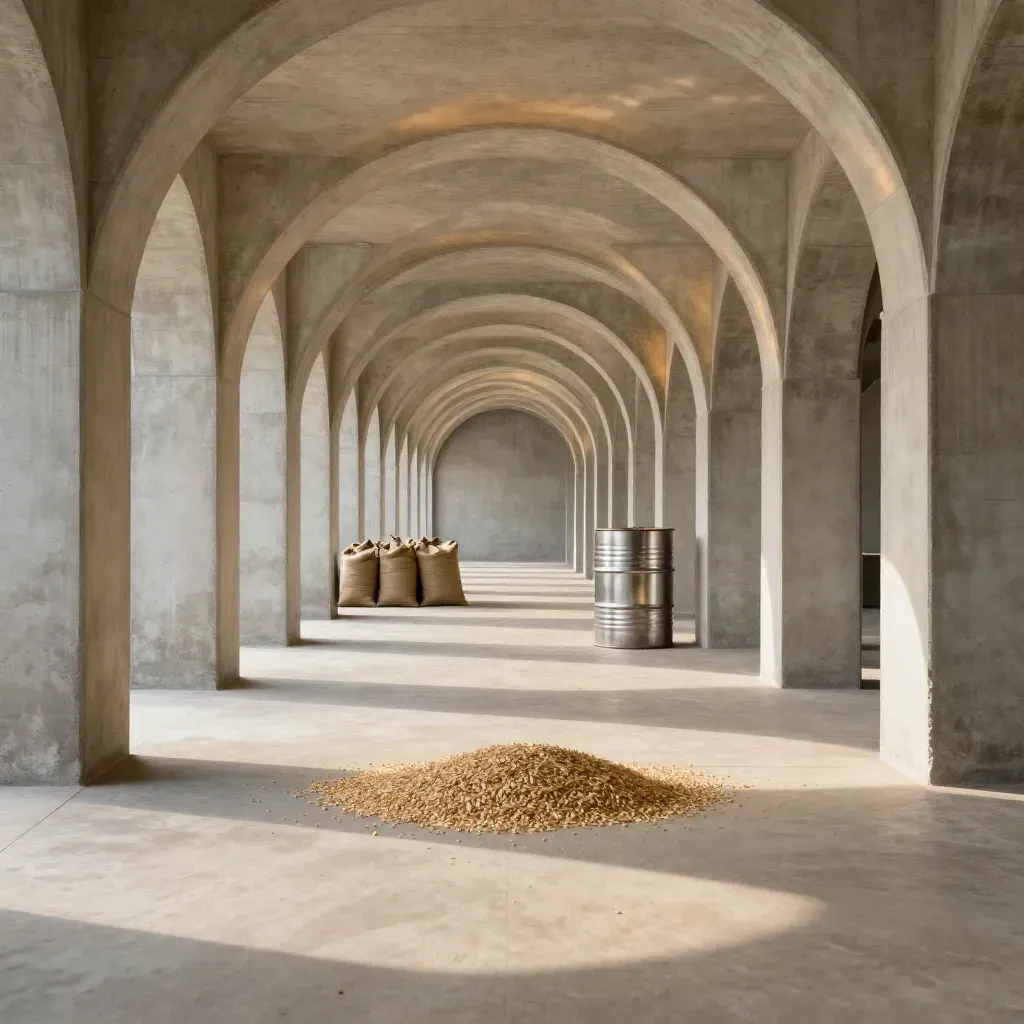 Sunlit concrete arcade with grain sacks and biofuel drum, calm floor space for headlines.