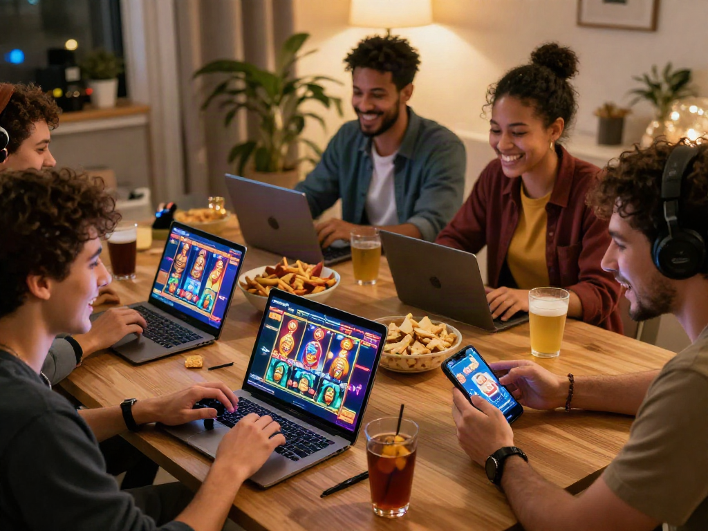 Excited friends enjoying slot online games together using various devices in a cozy home setting.