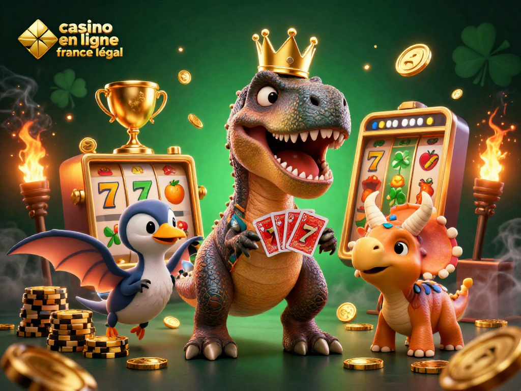 Illustration dynamique d'un T-Rex jouant aux cartes pour casino en ligne France légal, avec un décor captivant.