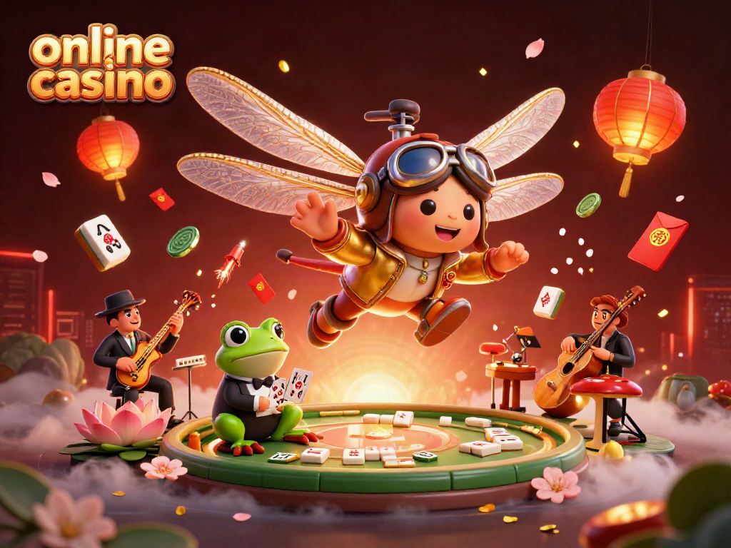 Engage in exciting online casinos as a dragonfly helicopter pilot explores a vibrant lily pad casino scene.