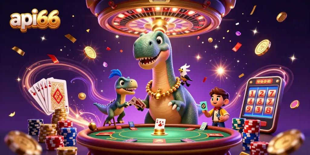 Experience thrilling games at api66 with a vibrant 3D casino scene featuring exciting elements and dynamic characters.
