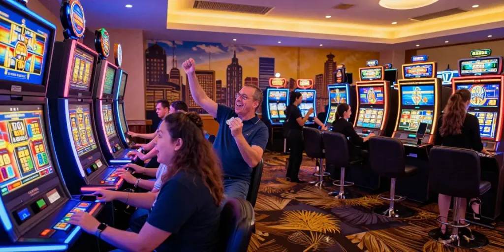 Exciting casino scene showcasing players at slot gacor machines celebrating wins.