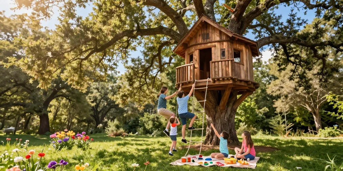 Family enjoying treehouses in a serene forest environment with outdoor games.