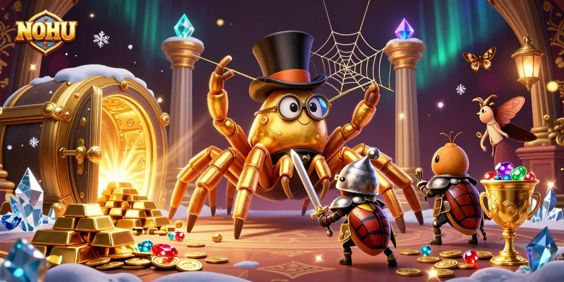 Engage with NOHU's vibrant casino illustration featuring a giant tarantula, beetle knight, and treasure.