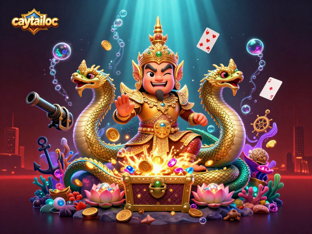 Caytailoc showcases an enchanting 3D guardian with Naga companions in a vibrant casino scene filled with treasures.