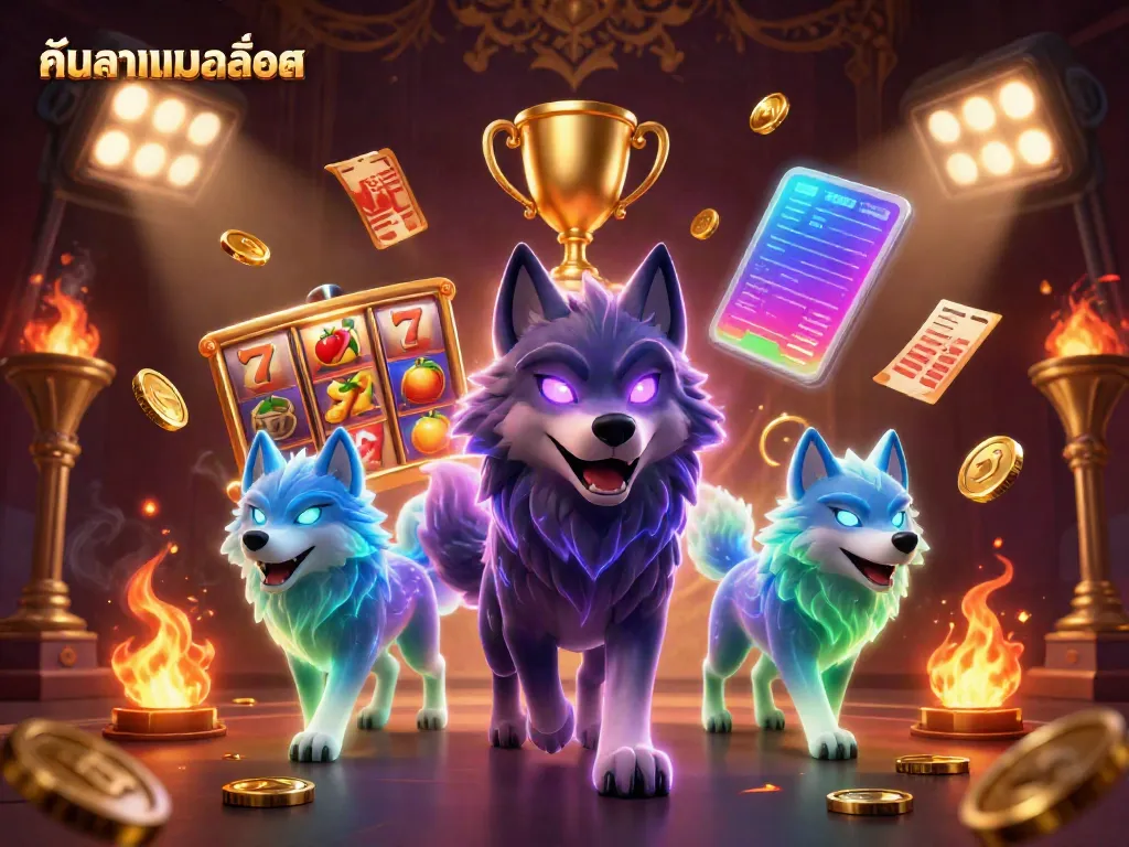 Engage with exciting gameplay as you ค้นหาเกมสล็อต featuring dynamic 3D wolves and glowing slot symbols.