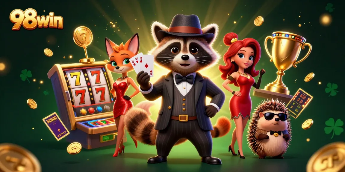 Win big at 98win with our charming characters engaging in an exciting casino scene.