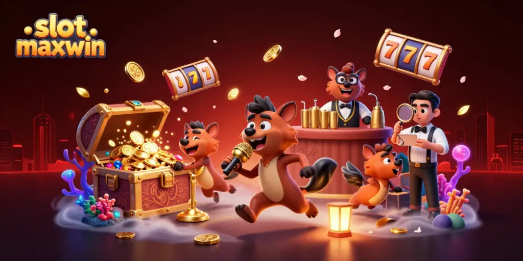 Experience the thrill of slot maxwin with lively hyenas in a dynamic casino scene.