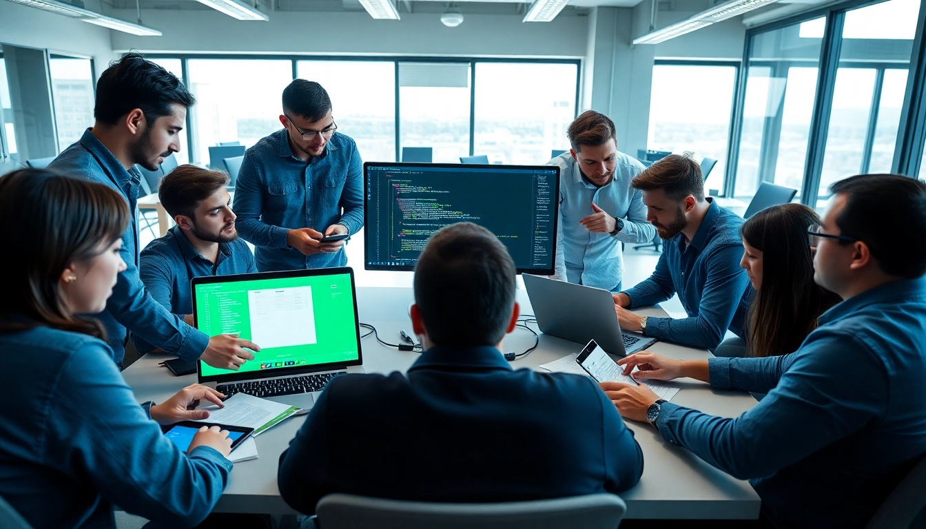 Showcase advanced Headless Shopify development teamwork in a modern office environment.