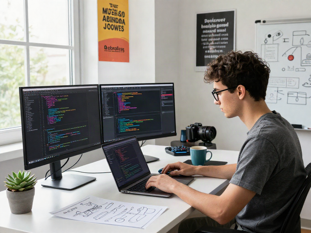 Developer coding in a tech workspace with crushon app interface design on dual monitors, showcasing innovation.