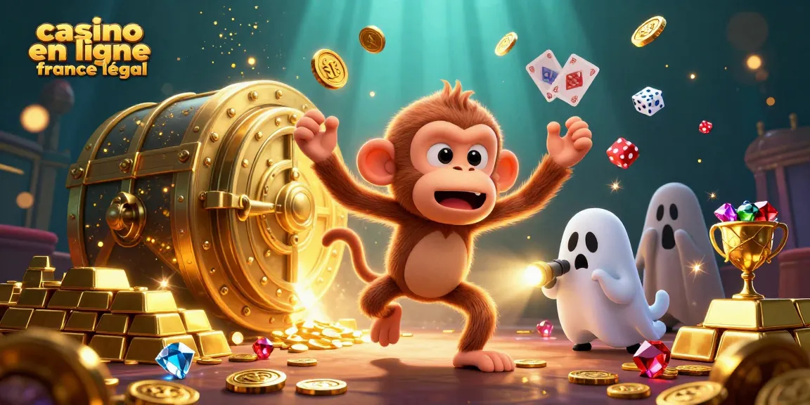 Visuel captivant de casino en ligne France légal avec un singe poltergeist, des pièces dorées et un chiot chasseur de fantômes.