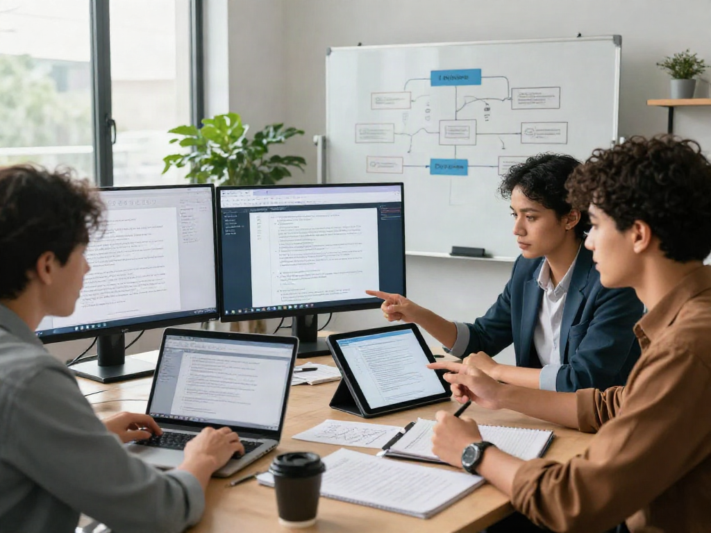 Team analyzing document fraud detection software in a modern office.