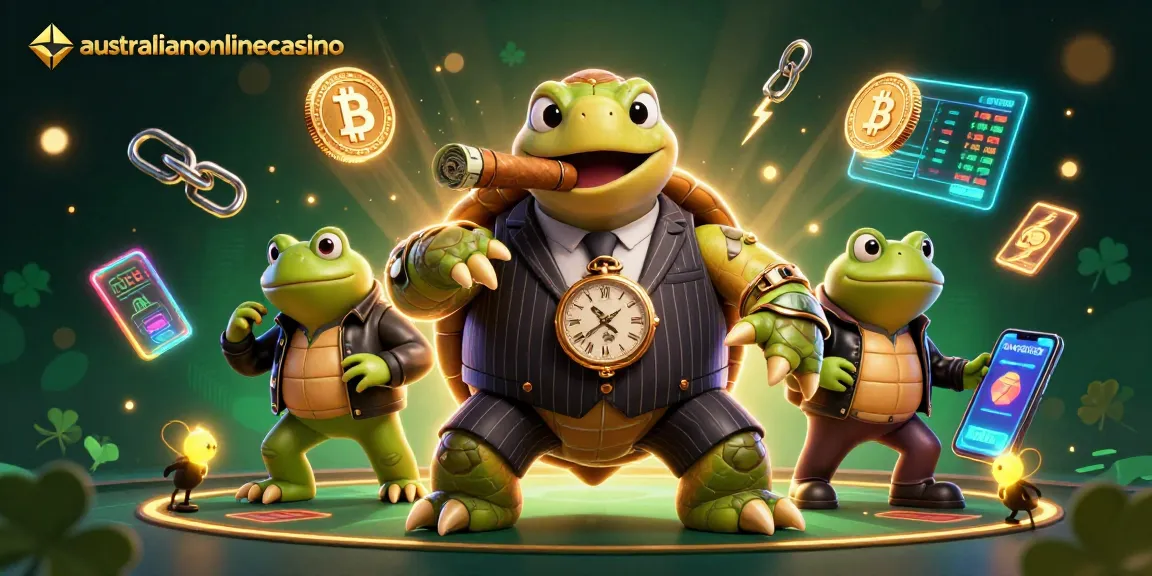 A dynamic scene of cartoon characters showcasing australianonlinecasino with vibrant casino elements and cryptocurrencies integrated.