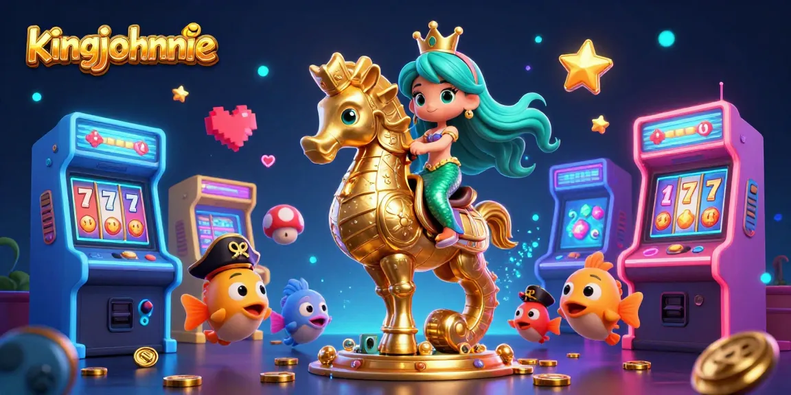 Experience the enchanting world of kingjohnnie with a mermaid riding a seahorse amidst colorful casino elements.