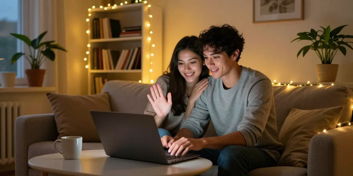 Engaging in sex chat online in a cozy home setting with warm lights.