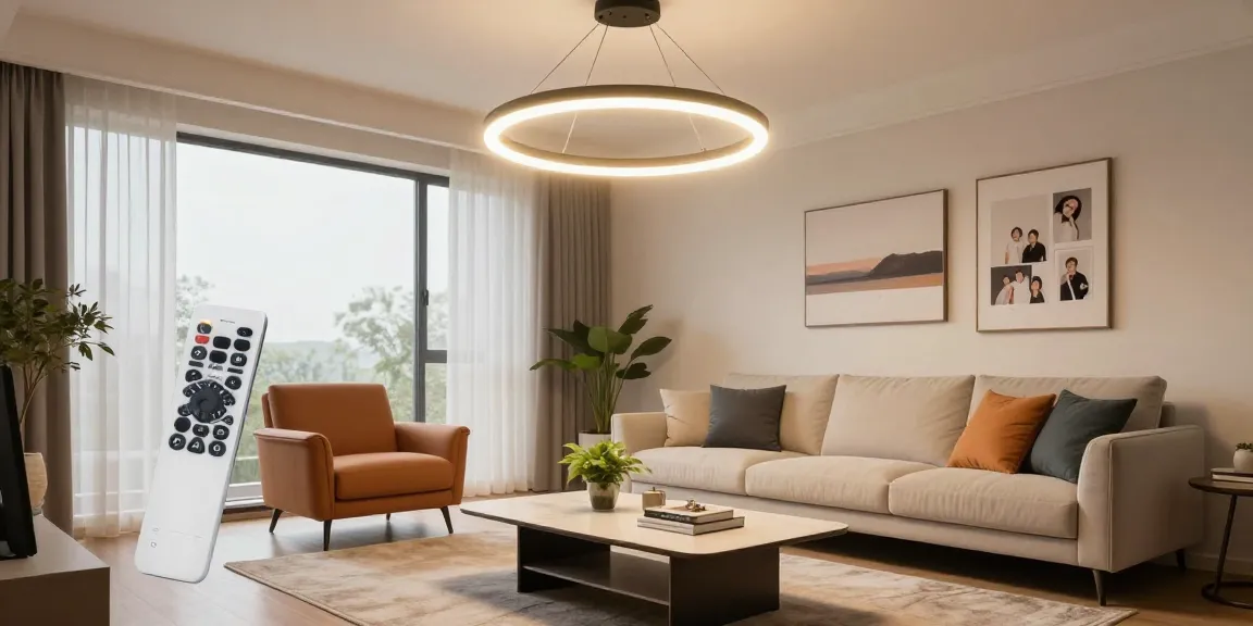 Lustra cu telecomanda eleganta in living modern, iluminat cald si decor confortabil.